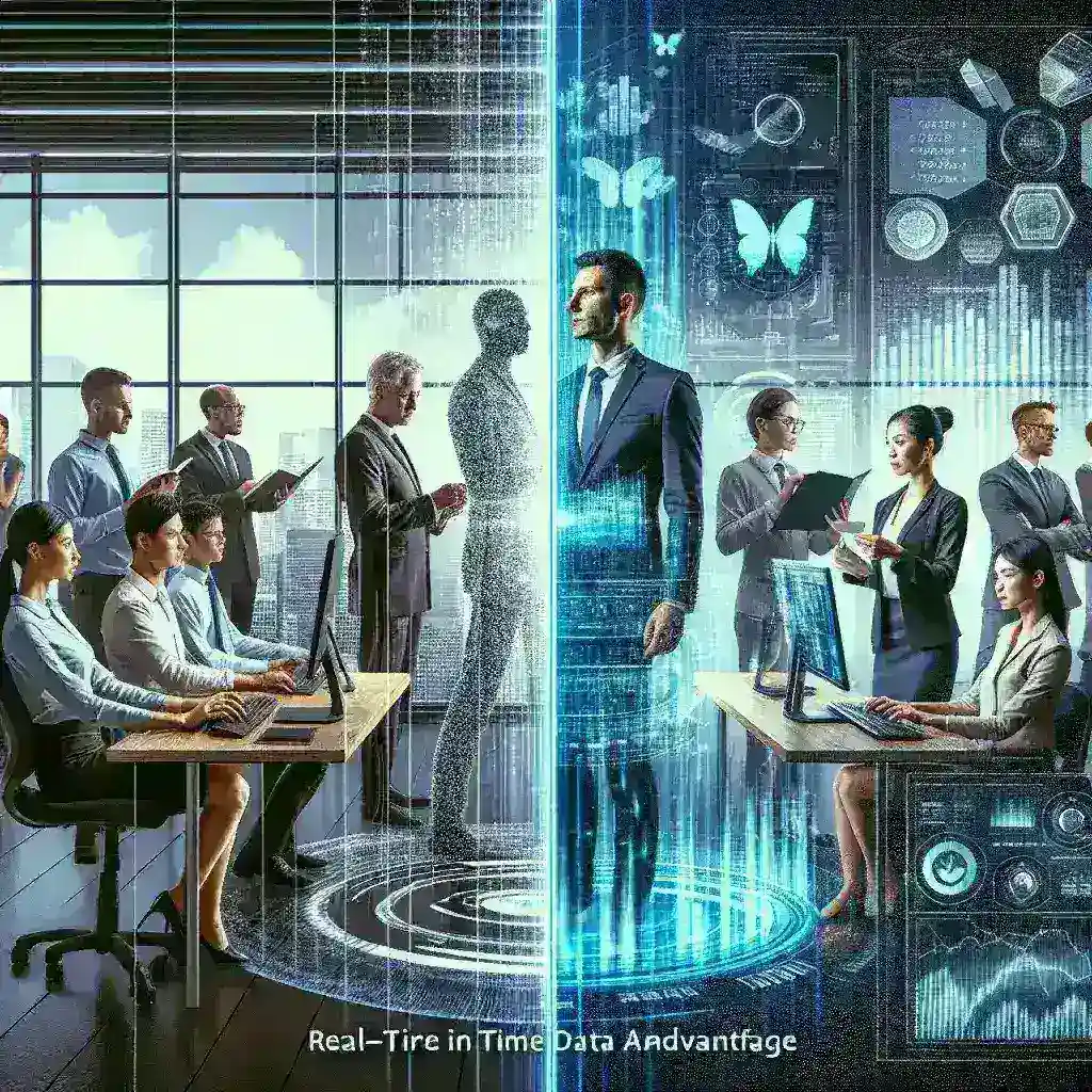 "Real-time data analytics dashboard showcasing graphs and charts for business intelligence insights, illustrating how companies leverage immediate data for strategic decision-making in the digital age."