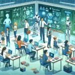 "AI in Education: A teacher utilizes artificial intelligence tools to enhance student engagement and personalize learning experiences in a modern classroom setting."