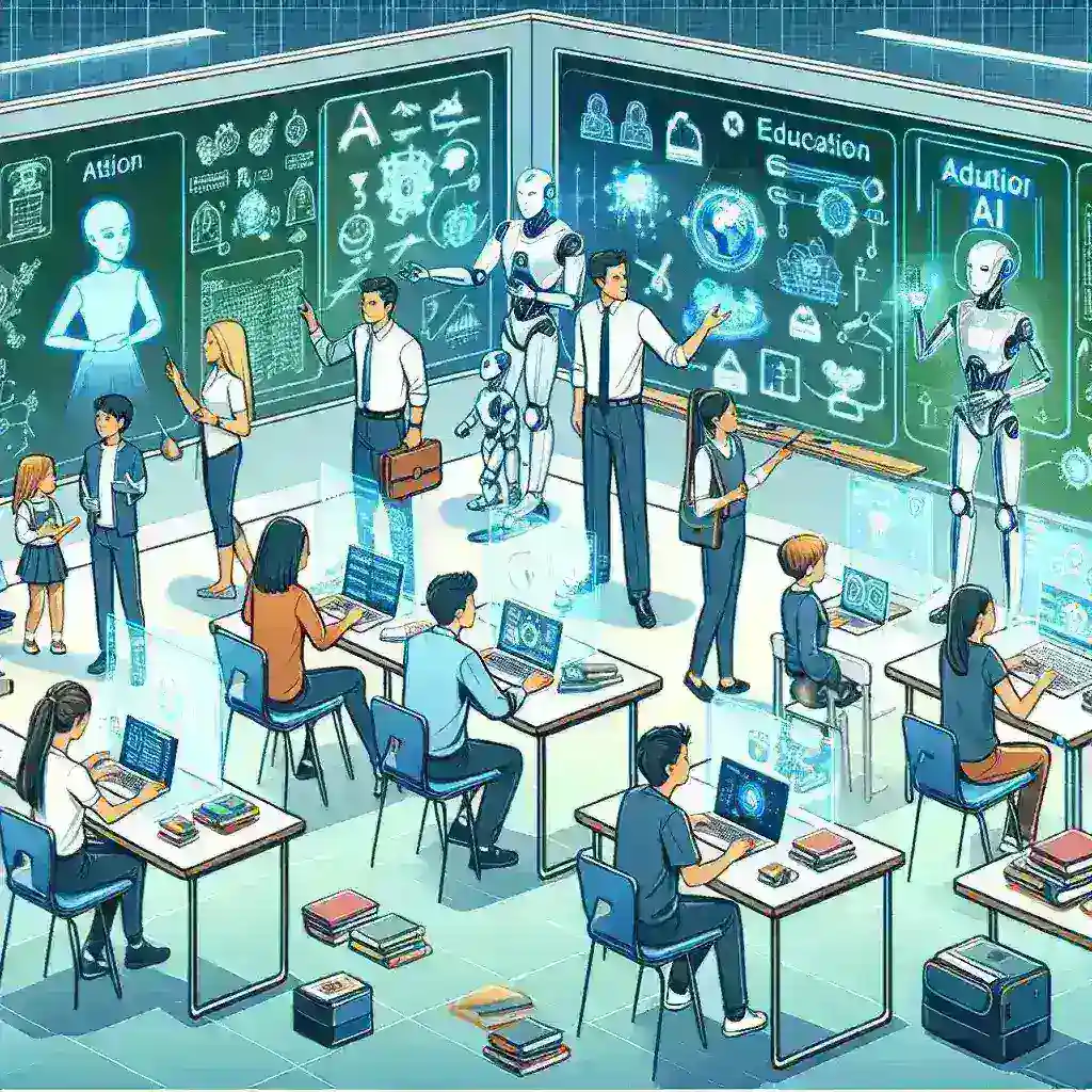 "AI in Education: A teacher utilizes artificial intelligence tools to enhance student engagement and personalize learning experiences in a modern classroom setting."