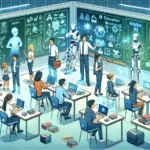 "AI in Education: A teacher utilizes artificial intelligence tools to enhance student engagement and personalize learning experiences in a modern classroom setting."