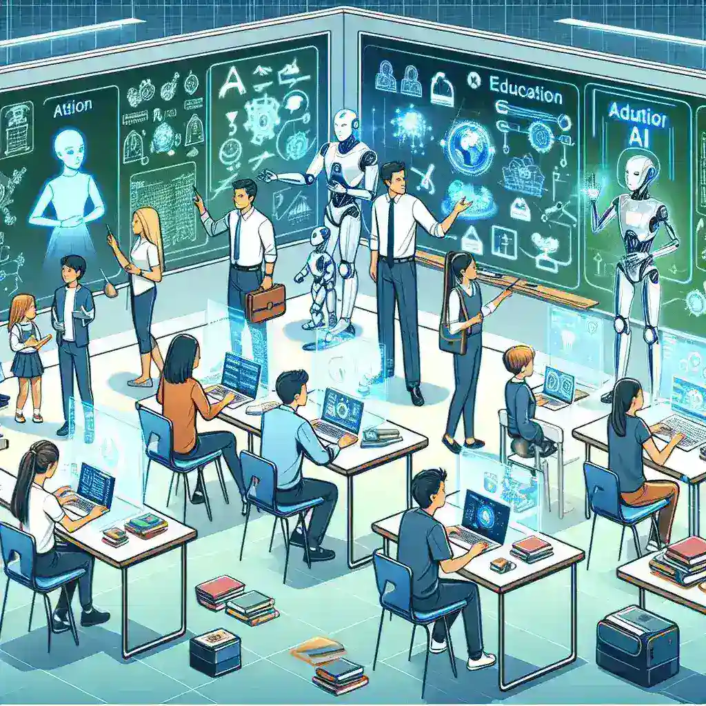 "AI in Education: A teacher utilizes artificial intelligence tools to enhance student engagement and personalize learning experiences in a modern classroom setting."